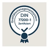 DIN 77200-1 Quality Management System Certification badge with checkmark and ribbon