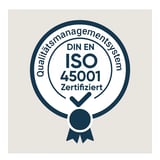 DIN EN ISO 45001 Zertifiziert quality management system certification badge with checkmark and ribbon