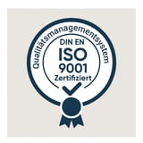 DIN EN ISO 9001 certification badge with checkmark and ribbon, indicating quality management system certification