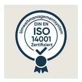 DIN EN ISO 14001 environmental management system certification badge with checkmark and ribbon